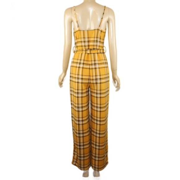 Almost Famous Yellow Black White Plaid Belted Jumpsuit Size Medium - Picture 4 of 5